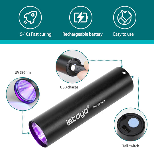Rechargeable UV flashlight for fast curing of resins
