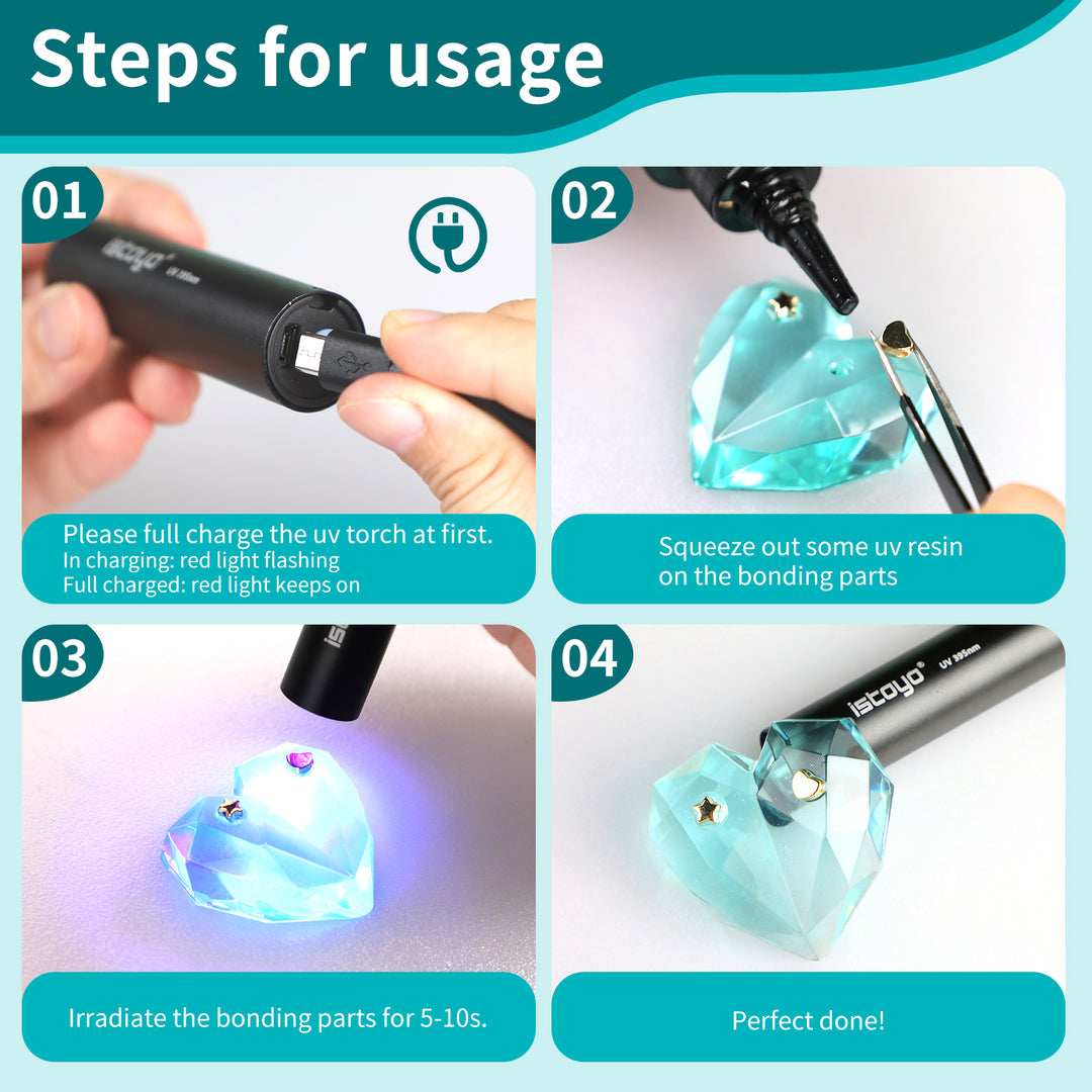 Rechargeable UV flashlight for fast curing of resins
